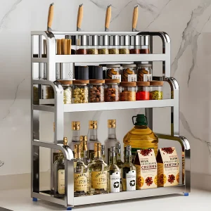 Kệ gia vị dụng cụ bếp inox 3 tầng đặt bàn chứa chai gia vị và dụng cụ nấu