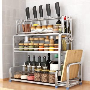Kệ gia vị dụng cụ bếp inox 3 tầng kèm giá dao và dụng cụ
